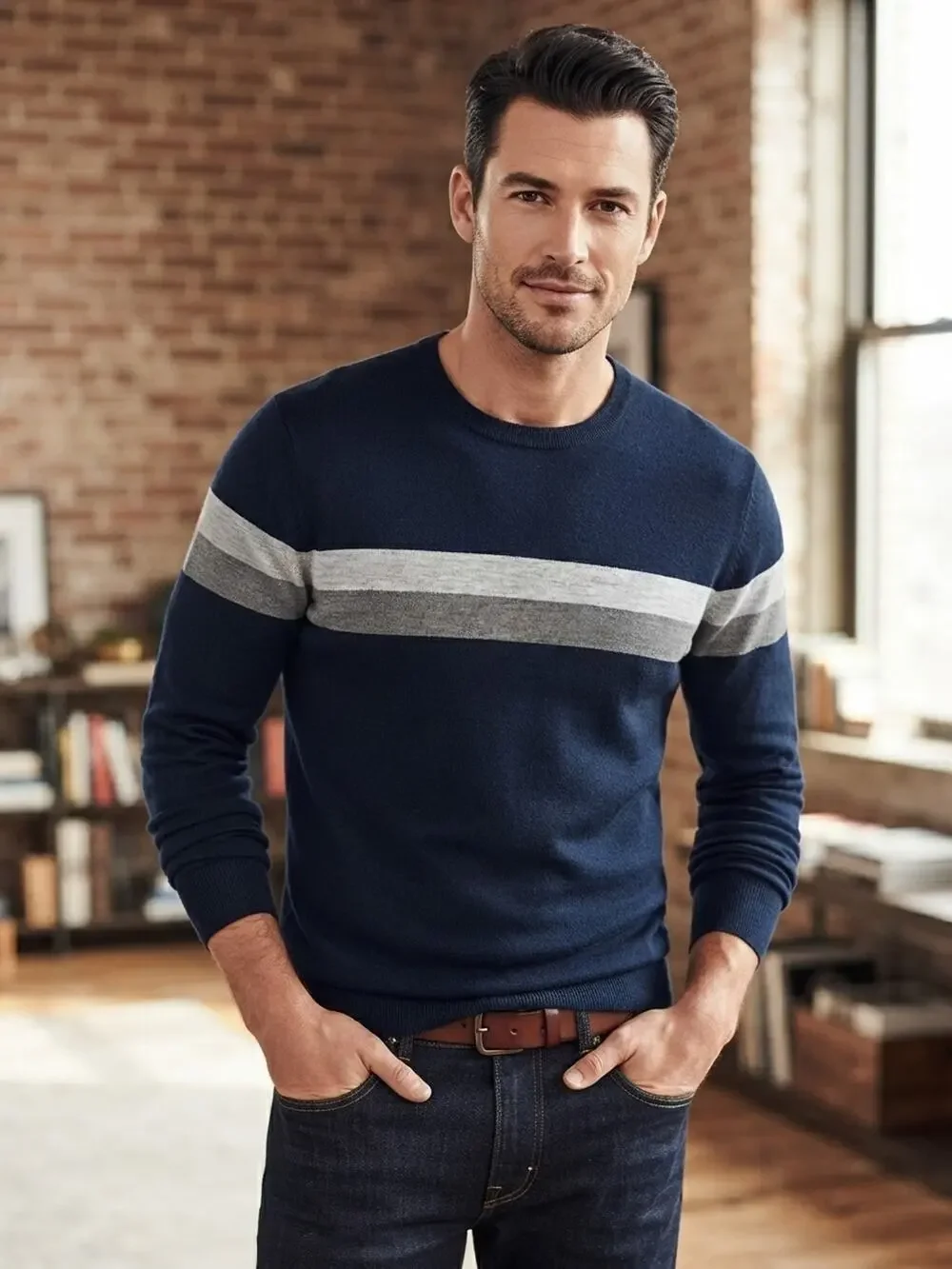 Express Men's Crew Neck Sweater Size M Blue Gray Merino Wool Blend Pullover